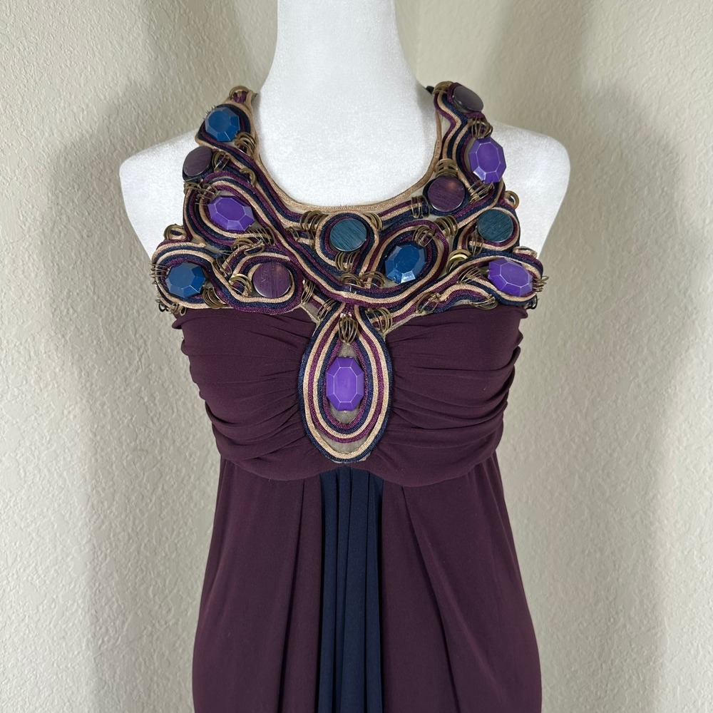 Ranna Gill Maxi Dress Small Plum Jewel Neck Ruched Bodice Formal Cocktail Party